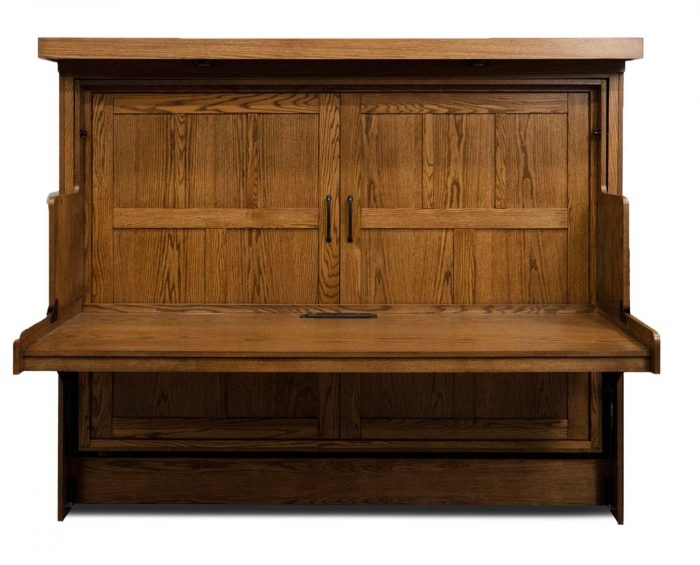 The Park City Murphy Desk Bed. Shown in queen size, oak wood with English manor finish and a light bridge and FC-747 power outlet. Price as shown: $4,767